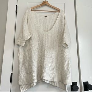 Free People Chunky Knit Sweater Size L Ivory Oversized Short Sleeve Pullover